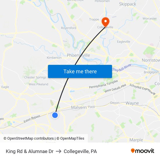 King Rd & Alumnae Dr to Collegeville, PA map