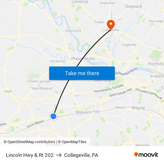 Lincoln Hwy & Rt 202 to Collegeville, PA map