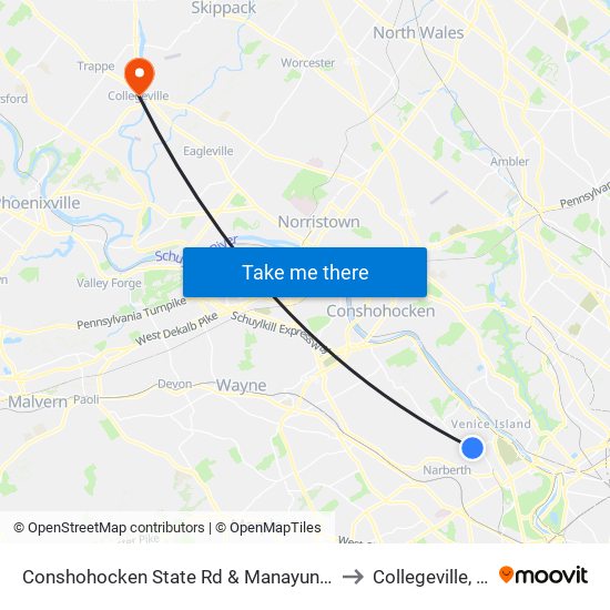 Conshohocken State Rd & Manayunk Rd to Collegeville, PA map