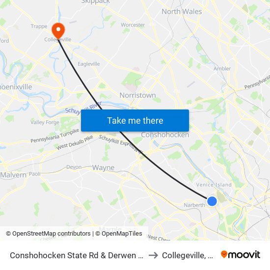 Conshohocken State Rd & Derwen Rd to Collegeville, PA map