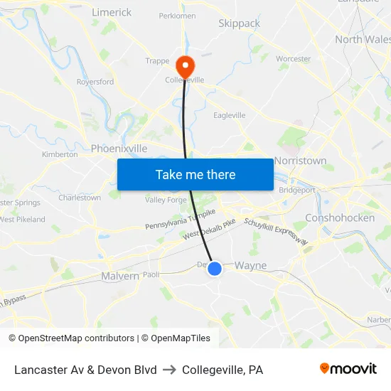 Lancaster Av & Devon Blvd to Collegeville, PA map