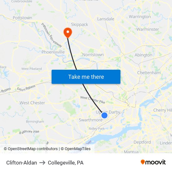 Clifton-Aldan to Collegeville, PA map