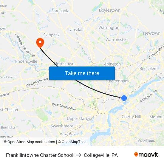 Frankllintowne Charter School to Collegeville, PA map