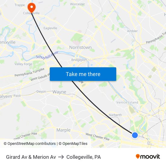 Girard Av & Merion Av to Collegeville, PA map