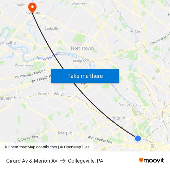 Girard Av & Merion Av to Collegeville, PA map