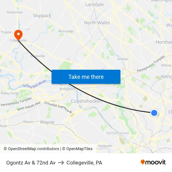 Ogontz Av & 72nd Av to Collegeville, PA map