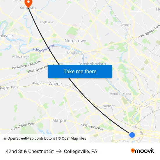 42nd St & Chestnut St to Collegeville, PA map
