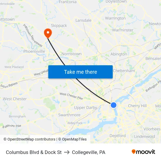Columbus Blvd & Dock St to Collegeville, PA map