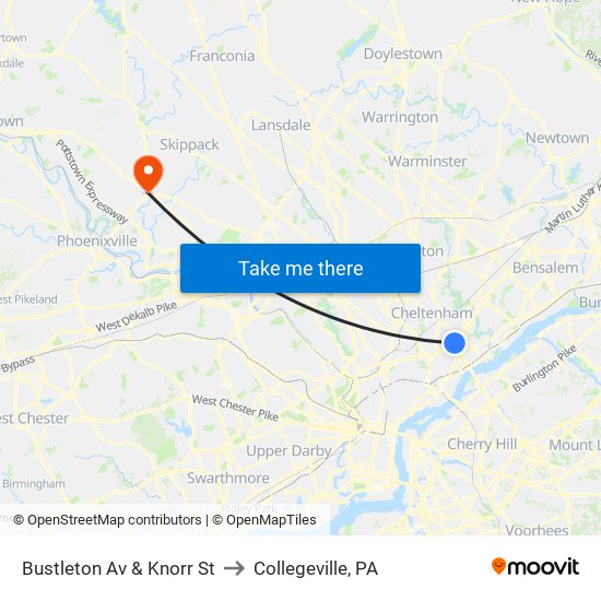 Bustleton Av & Knorr St to Collegeville, PA map