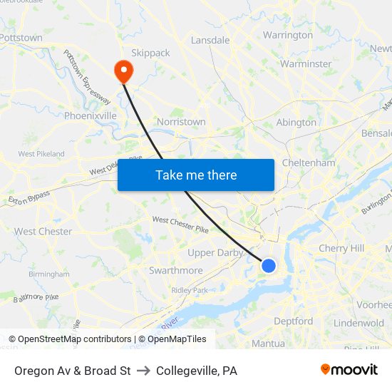 Oregon Av & Broad St to Collegeville, PA map