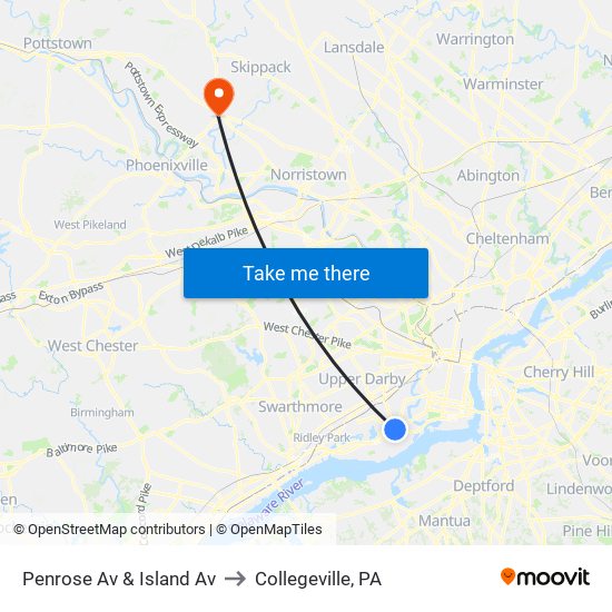 Penrose Av & Island Av to Collegeville, PA map