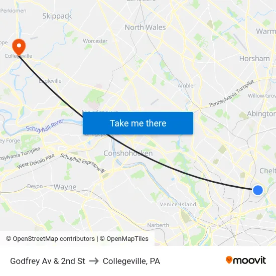 Godfrey Av & 2nd St to Collegeville, PA map