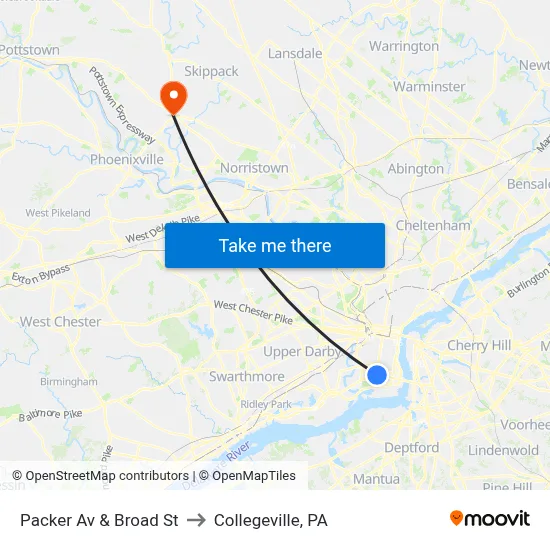 Packer Av & Broad St to Collegeville, PA map