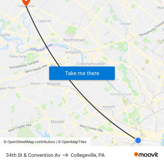 34th St & Convention Av to Collegeville, PA map