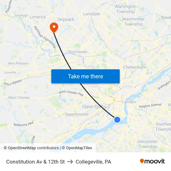 Constitution Av & 12th St to Collegeville, PA map