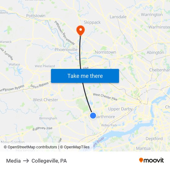 Media to Collegeville, PA map
