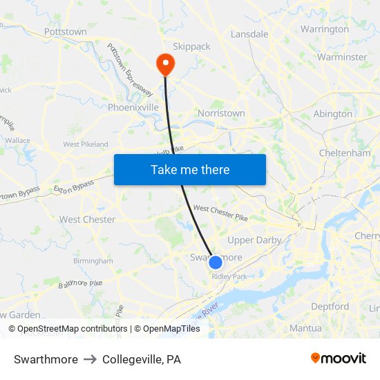 Swarthmore to Collegeville, PA map