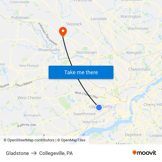 Gladstone to Collegeville, PA map