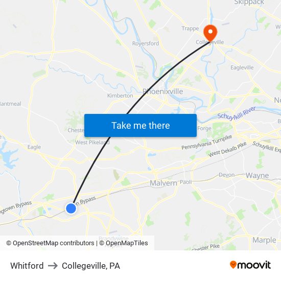 Whitford to Collegeville, PA map