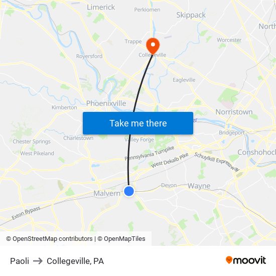 Paoli to Collegeville, PA map