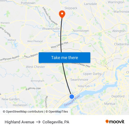 Highland Avenue to Collegeville, PA map