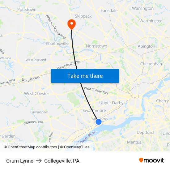 Crum Lynne to Collegeville, PA map