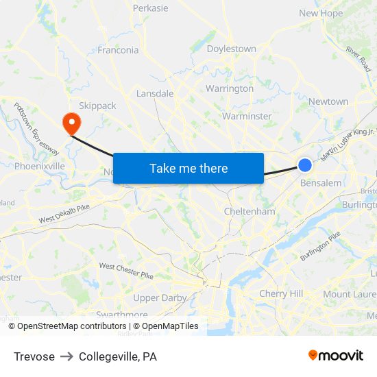 Trevose to Collegeville, PA map
