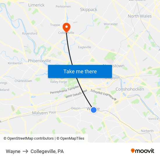 Wayne to Collegeville, PA map