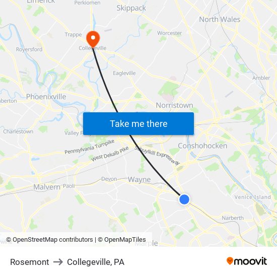 Rosemont to Collegeville, PA map
