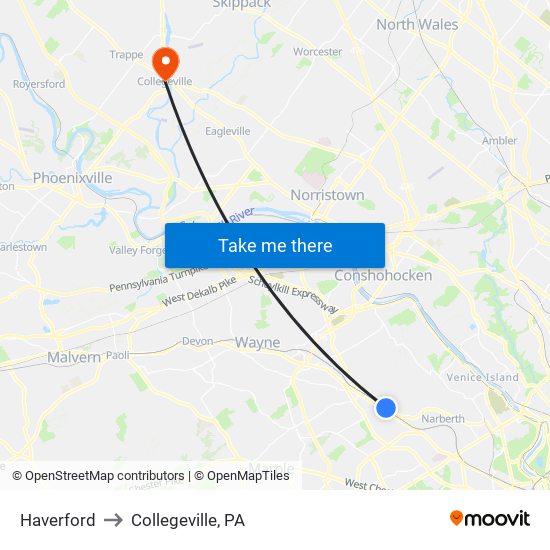 Haverford to Collegeville, PA map
