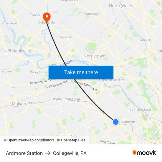 Ardmore Station to Collegeville, PA map