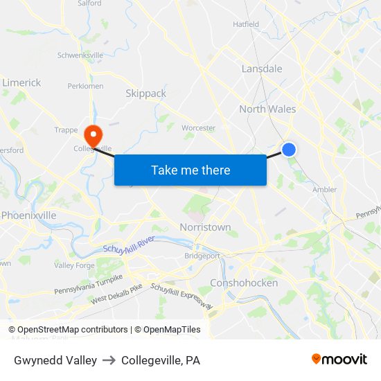 Gwynedd Valley to Collegeville, PA map