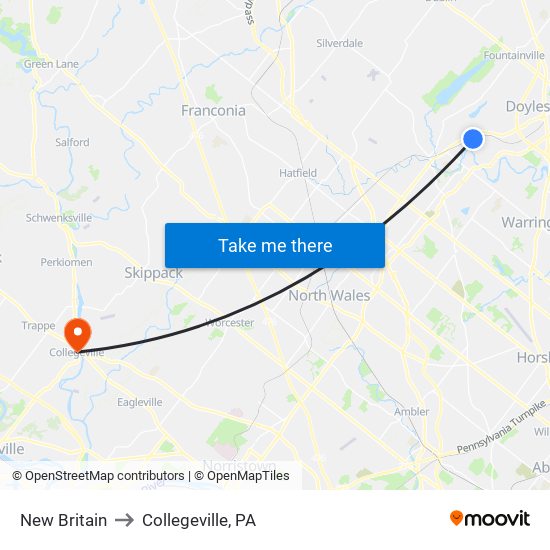 New Britain to Collegeville, PA map