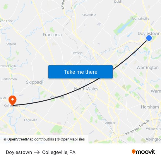 Doylestown to Collegeville, PA map