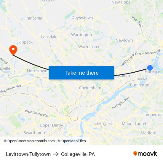 Levittown-Tullytown to Collegeville, PA map