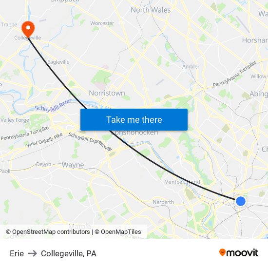 Erie to Collegeville, PA map