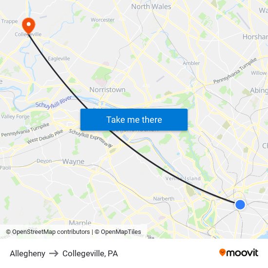 Allegheny to Collegeville, PA map