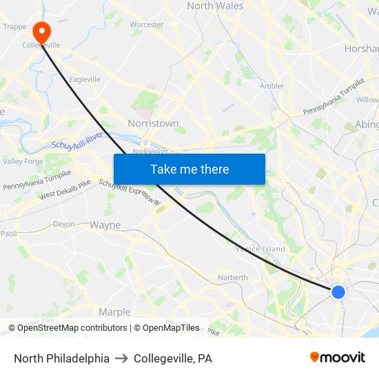 North Philadelphia to Collegeville, PA map