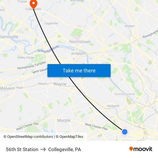 56th St Station to Collegeville, PA map