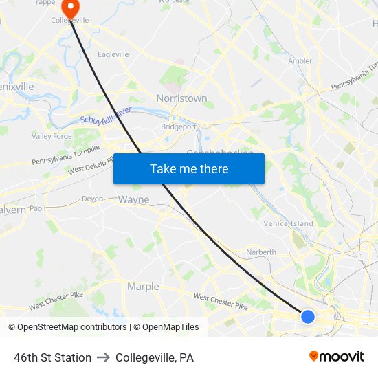 46th St Station to Collegeville, PA map