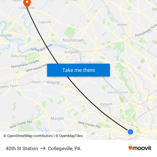 40th St Station to Collegeville, PA map