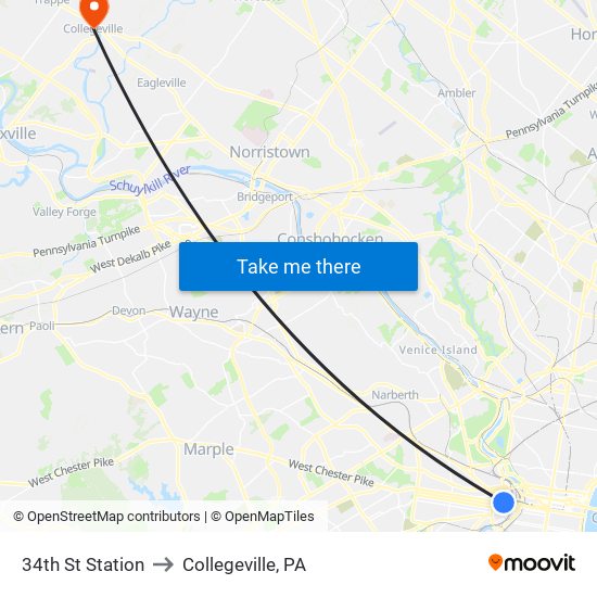 34th St Station to Collegeville, PA map