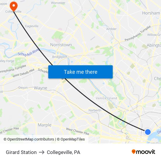 Girard Station to Collegeville, PA map