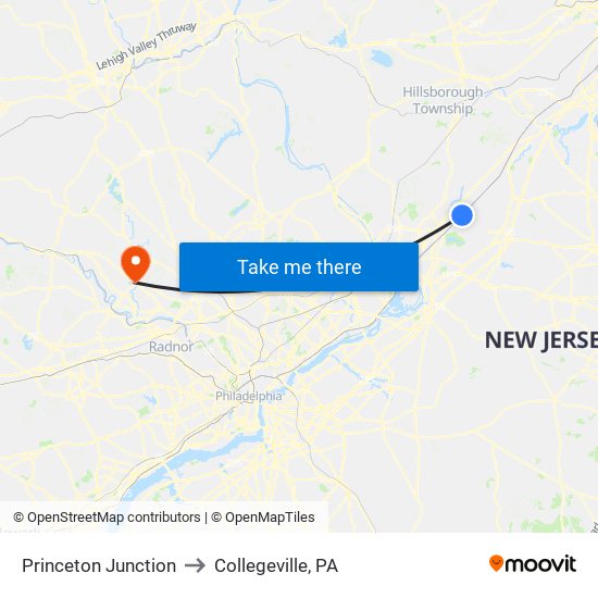 Princeton Junction to Collegeville, PA map