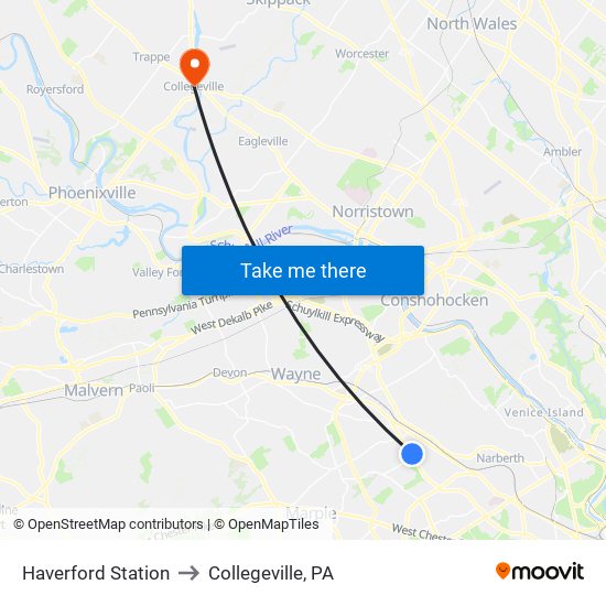 Haverford Station to Collegeville, PA map