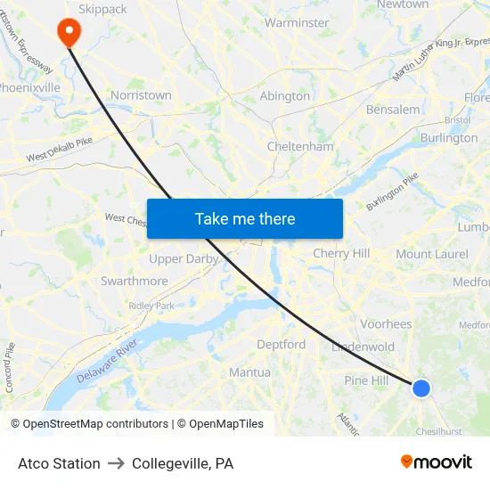 Atco Station to Collegeville, PA map