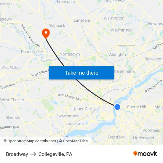Broadway to Collegeville, PA map