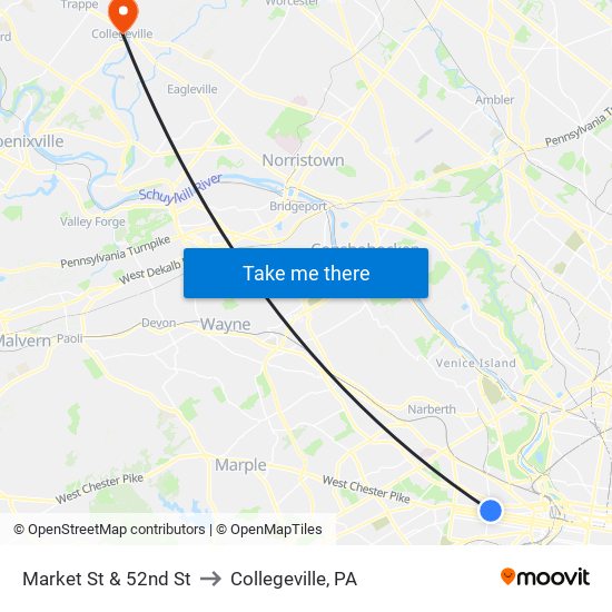 Market St & 52nd St to Collegeville, PA map