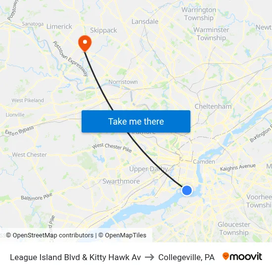 League Island Blvd & Kitty Hawk Av to Collegeville, PA map