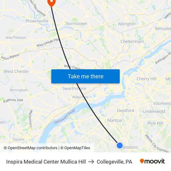 Inspira Medical Center Mullica Hill to Collegeville, PA map